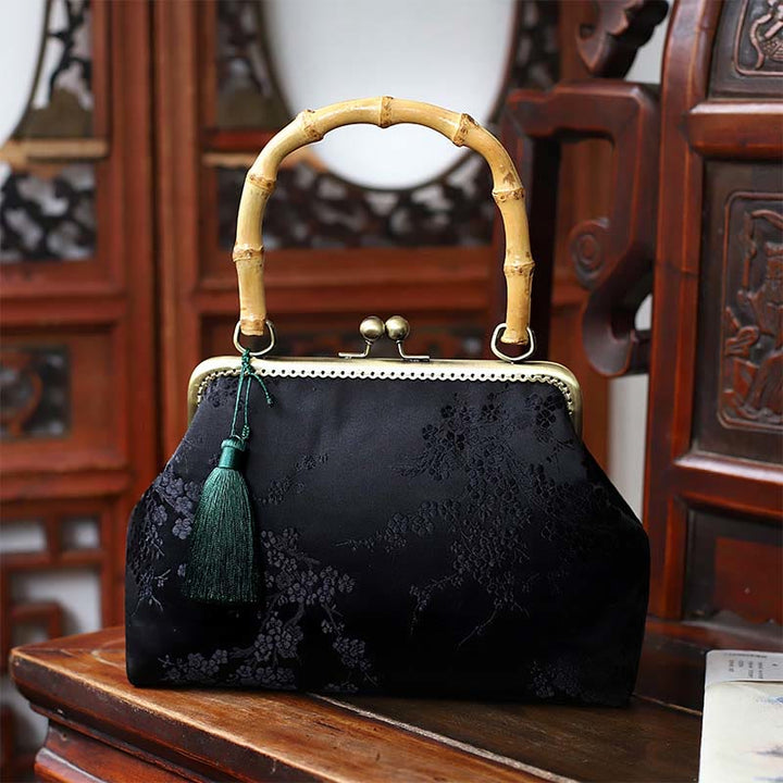 Bolso de mano con asas de bambú , Buddha Stones , libélula, grúa, hojas de bambú, flor de ciruelo