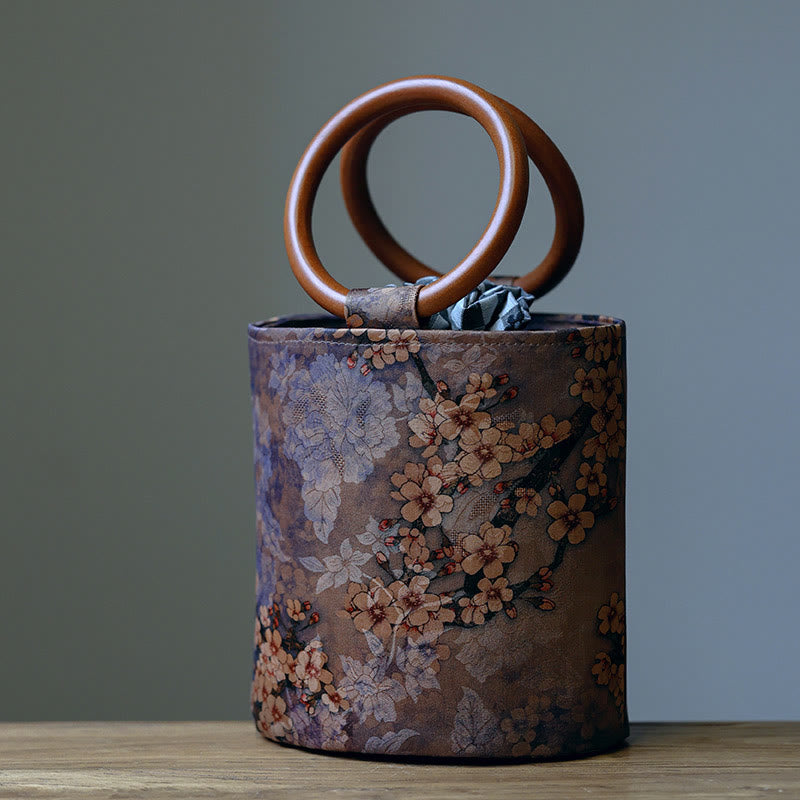 Bolso de mano con mango de madera de caqui , Buddha Stones , hoja de bambú, mariposa, flor de cerezo