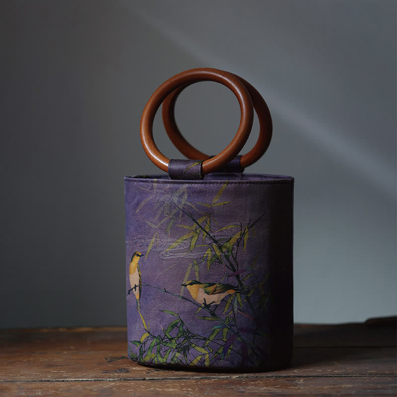 Bolso de mano con mango de madera de caqui , Buddha Stones , hoja de bambú, mariposa, flor de cerezo