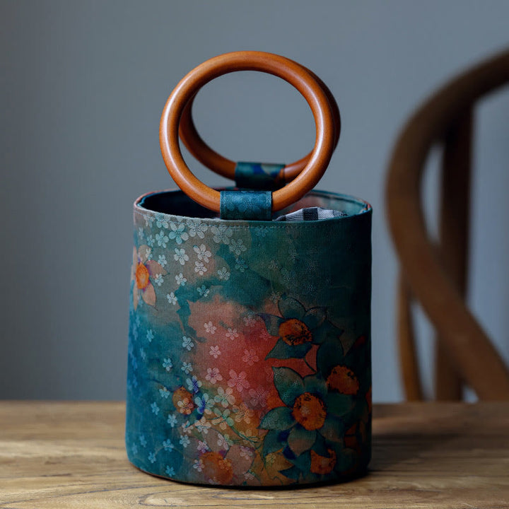 Bolso de mano con mango de madera de caqui , Buddha Stones , hoja de bambú, mariposa, flor de cerezo