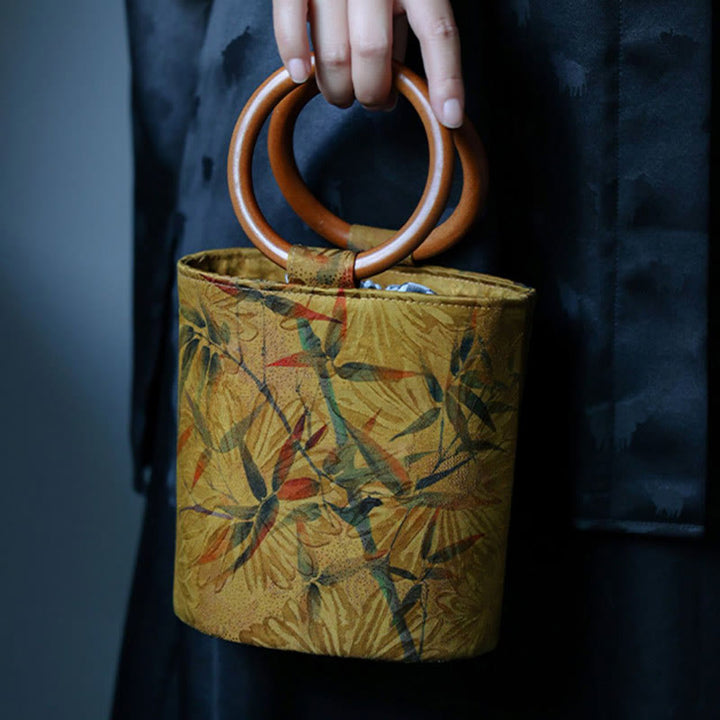 Bolso de mano con mango de madera de caqui , Buddha Stones , hoja de bambú, mariposa, flor de cerezo