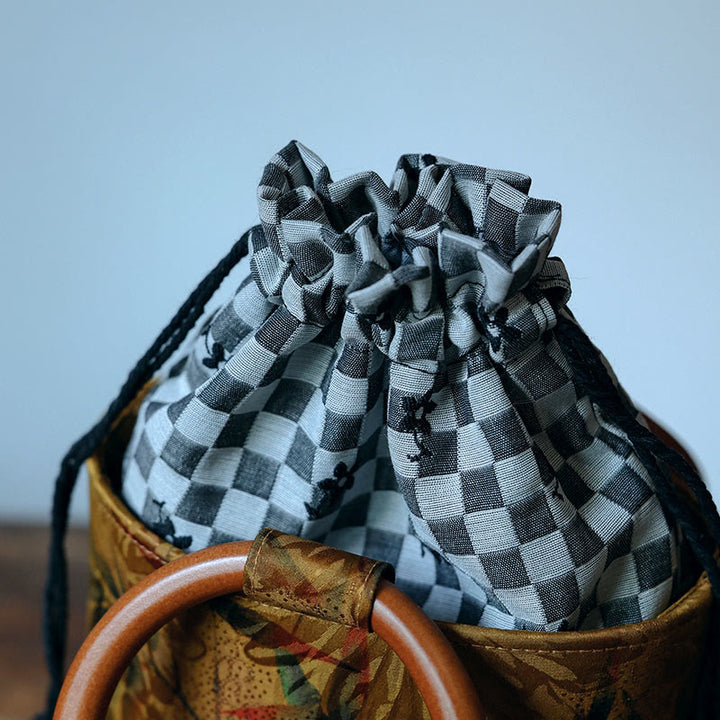 Bolso de mano con mango de madera de caqui , Buddha Stones , hoja de bambú, mariposa, flor de cerezo