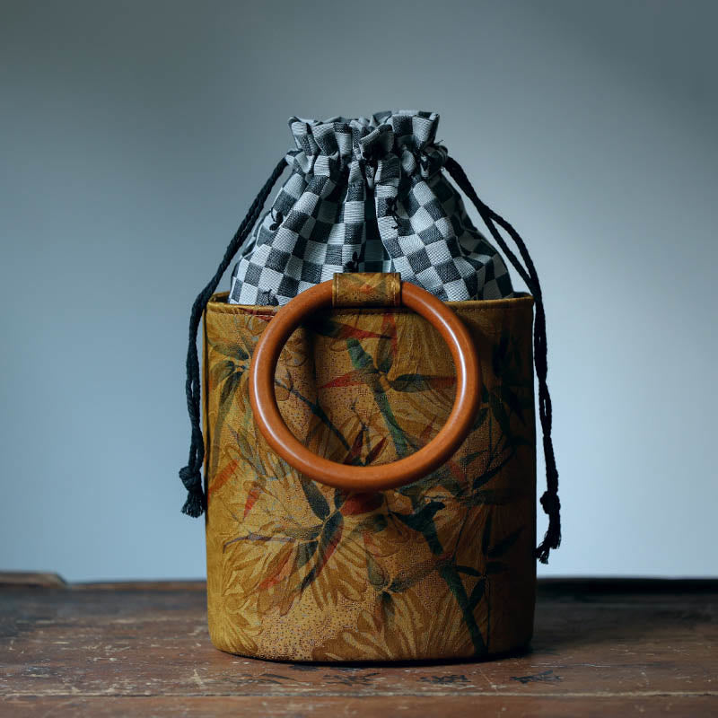 Bolso de mano con mango de madera de caqui , Buddha Stones , hoja de bambú, mariposa, flor de cerezo