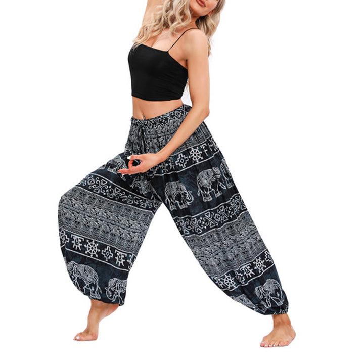 Pantalones de yoga holgados informales con estampado geométrico de elefante y Buddha Stones para mujer. - Negro - US4-8/10, UK/AU8-12/14, EU36-40/42 (F) - image 8