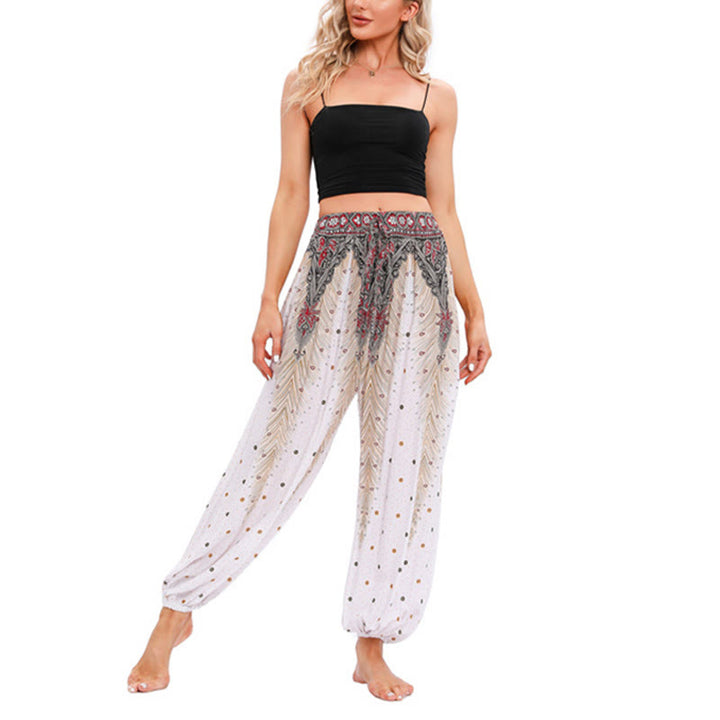 Pantalones de yoga para mujer con diseño de plumas de pavo real y piedras de Buddha Stones