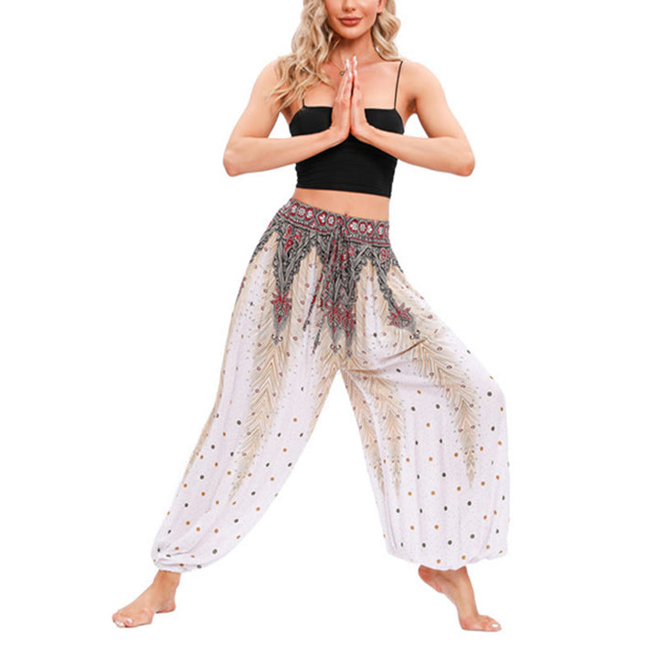 Pantalones de yoga para mujer con diseño de plumas de pavo real y piedras de Buddha Stones