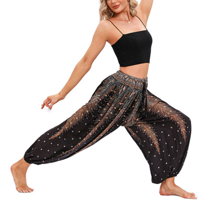 Pantalones de yoga para mujer con diseño de plumas de pavo real y piedras de Buddha Stones