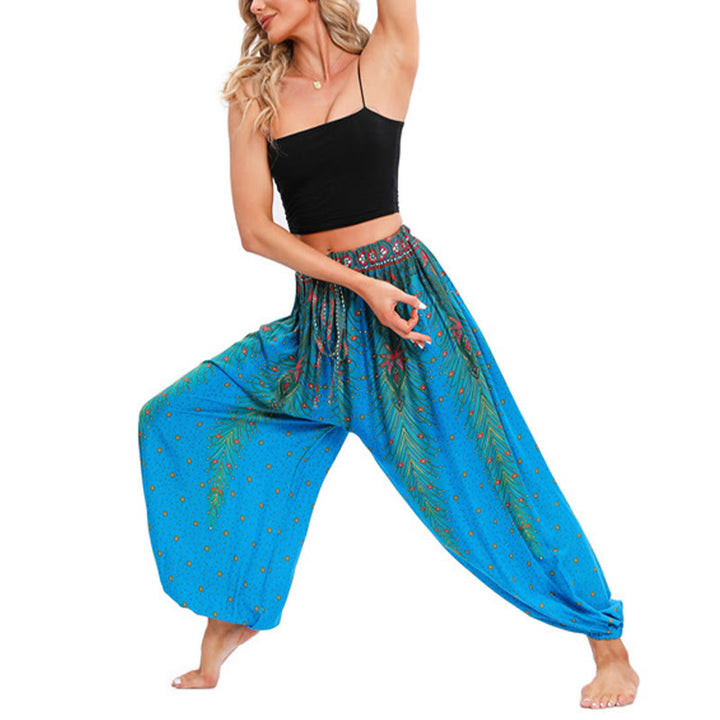 Pantalones de yoga para mujer con diseño de plumas de pavo real y piedras de Buddha Stones