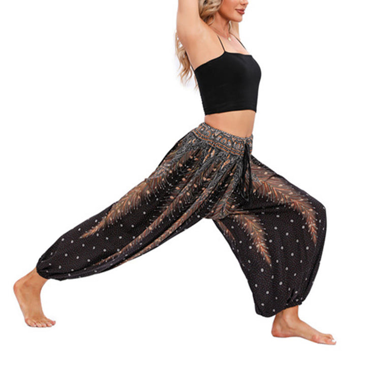 Pantalones de yoga para mujer con diseño de plumas de pavo real y piedras de Buddha Stones