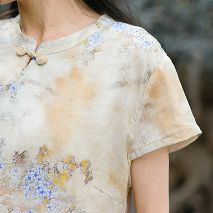 Vestido midi cheongsam chino de lino de ramio de manga corta con planta de flores y Buddha Stones con bolsillos