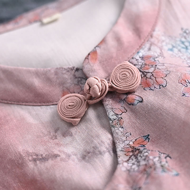 Vestido midi cheongsam chino de lino de ramio de manga corta con planta de flores y Buddha Stones con bolsillos