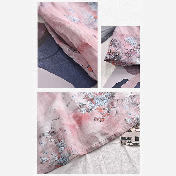 Vestido midi cheongsam chino de lino de ramio de manga corta con planta de flores y Buddha Stones con bolsillos