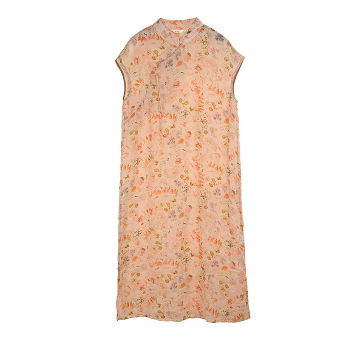 Vestido midi cheongsam con estampado de flores rosas y olas del océano en verde y Buddha Stones Vestido de manga corta