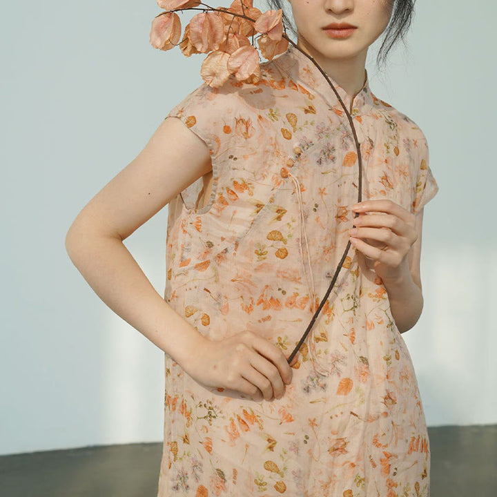 Vestido midi cheongsam con estampado de flores rosas y olas del océano en verde y Buddha Stones Vestido de manga corta