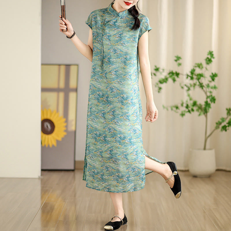Vestido midi cheongsam con estampado de flores rosas y olas del océano en verde y Buddha Stones Vestido de manga corta
