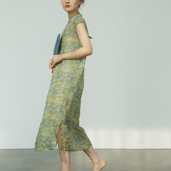 Vestido midi cheongsam con estampado de flores rosas y olas del océano en verde y Buddha Stones Vestido de manga corta