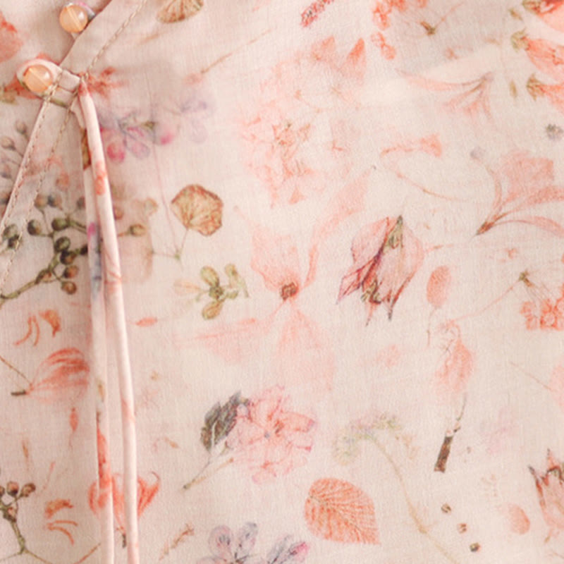 Vestido midi cheongsam con estampado de flores rosas y olas del océano en verde y Buddha Stones Vestido de manga corta