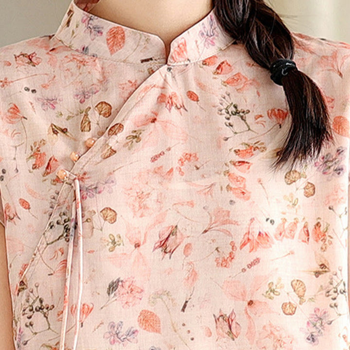 Vestido midi cheongsam con estampado de flores rosas y olas del océano en verde y Buddha Stones Vestido de manga corta