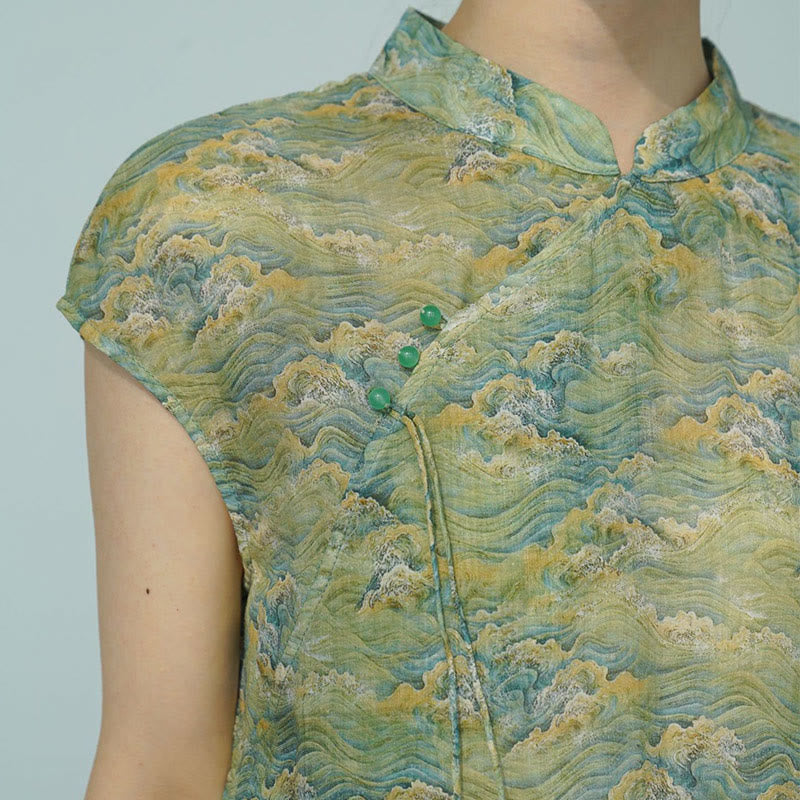 Vestido midi cheongsam con estampado de flores rosas y olas del océano en verde y Buddha Stones Vestido de manga corta