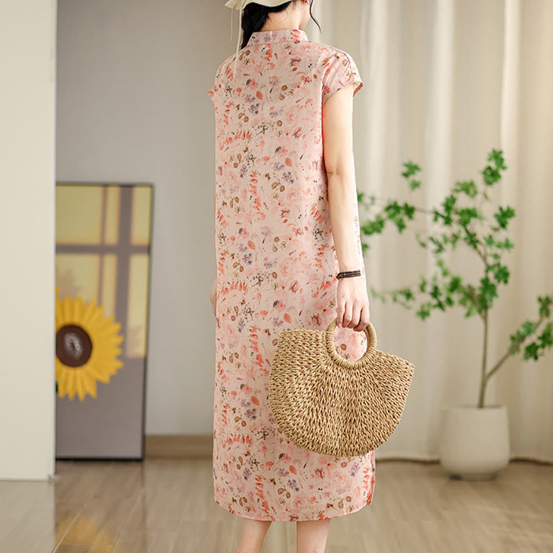 Vestido midi cheongsam con estampado de flores rosas y olas del océano en verde y Buddha Stones Vestido de manga corta