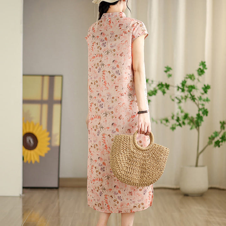Vestido midi cheongsam con estampado de flores rosas y olas del océano en verde y Buddha Stones Vestido de manga corta