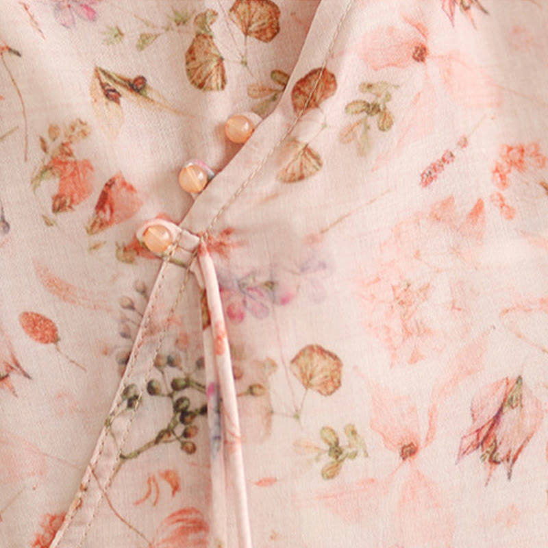 Vestido midi cheongsam con estampado de flores rosas y olas del océano en verde y Buddha Stones Vestido de manga corta