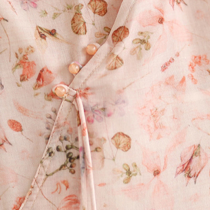 Vestido midi cheongsam con estampado de flores rosas y olas del océano en verde y Buddha Stones Vestido de manga corta