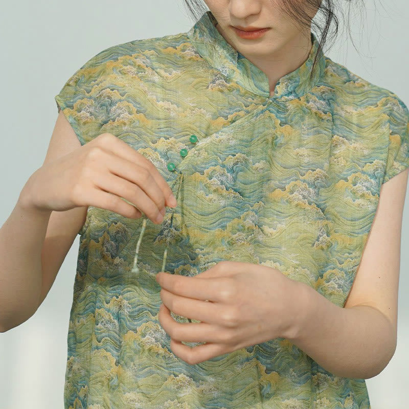 Vestido midi cheongsam con estampado de flores rosas y olas del océano en verde y Buddha Stones Vestido de manga corta