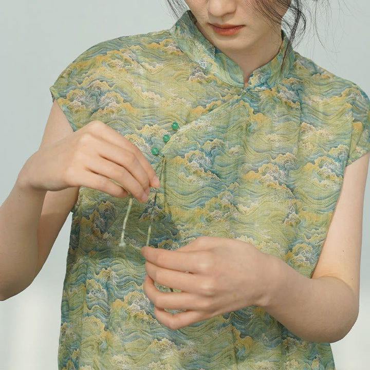 Vestido midi cheongsam con estampado de flores rosas y olas del océano en verde y Buddha Stones Vestido de manga corta