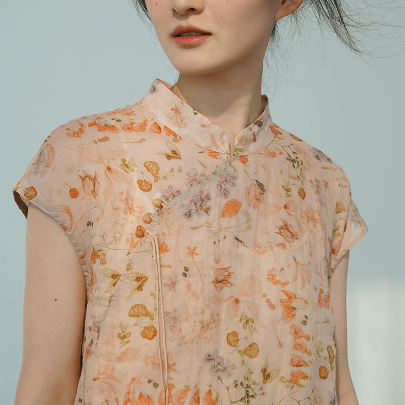 Vestido midi cheongsam con estampado de flores rosas y olas del océano en verde y Buddha Stones Vestido de manga corta