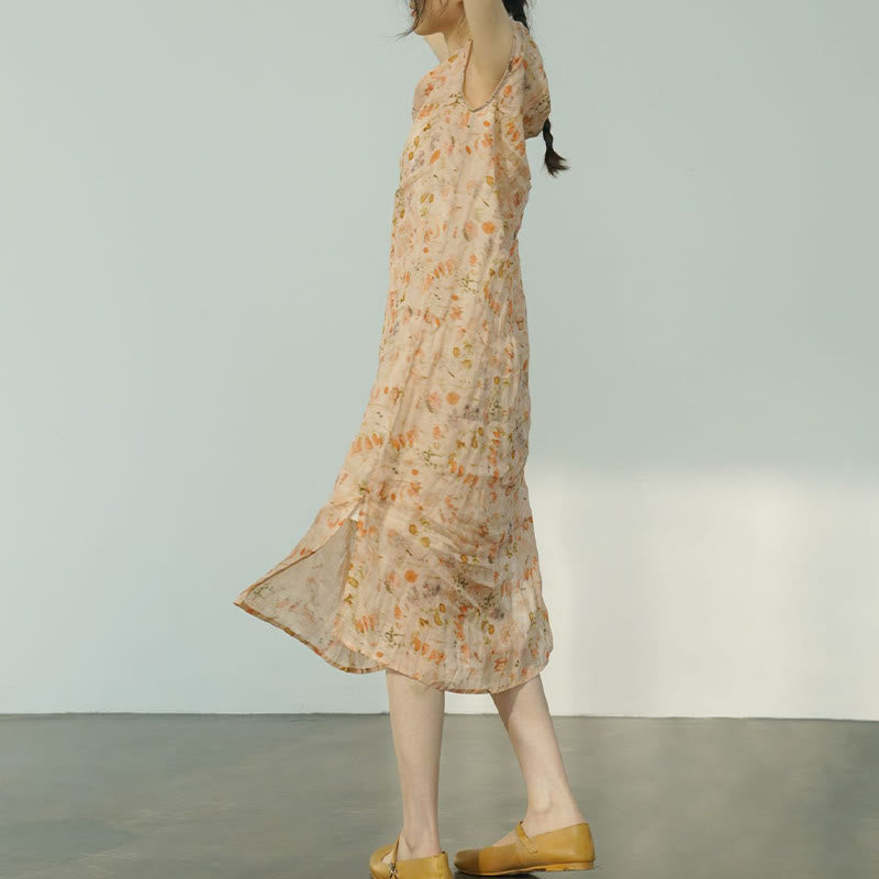 Vestido midi cheongsam con estampado de flores rosas y olas del océano en verde y Buddha Stones Vestido de manga corta