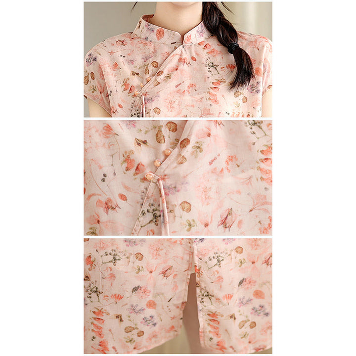 Vestido midi cheongsam con estampado de flores rosas y olas del océano en verde y Buddha Stones Vestido de manga corta