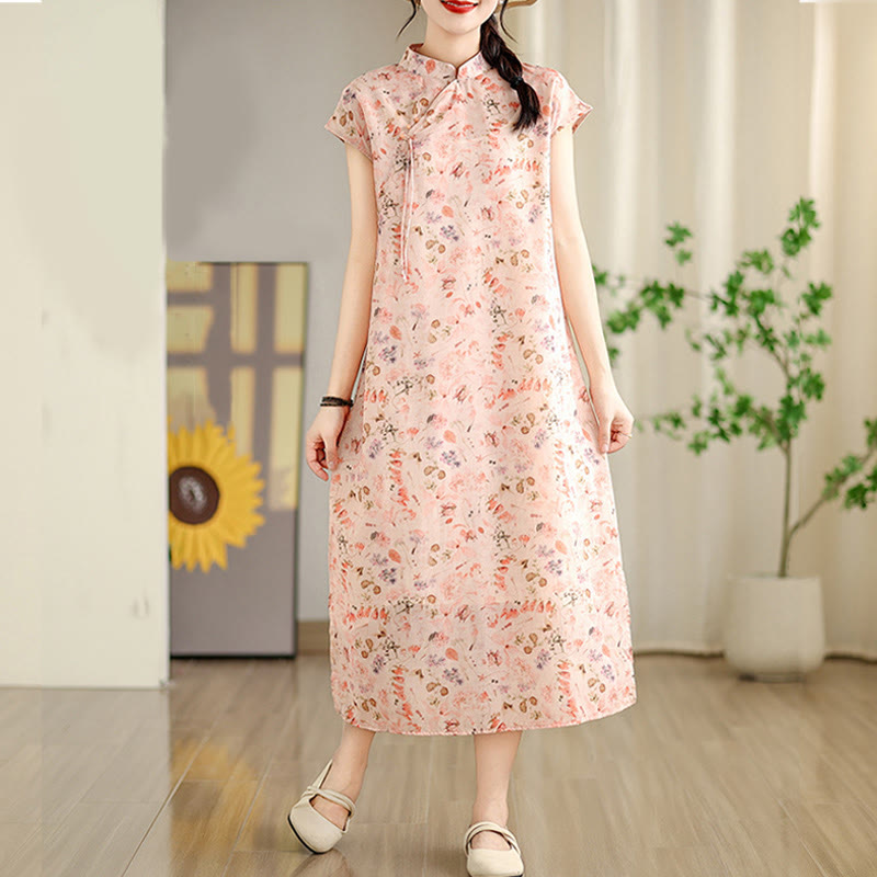 Vestido midi cheongsam con estampado de flores rosas y olas del océano en verde y Buddha Stones Vestido de manga corta