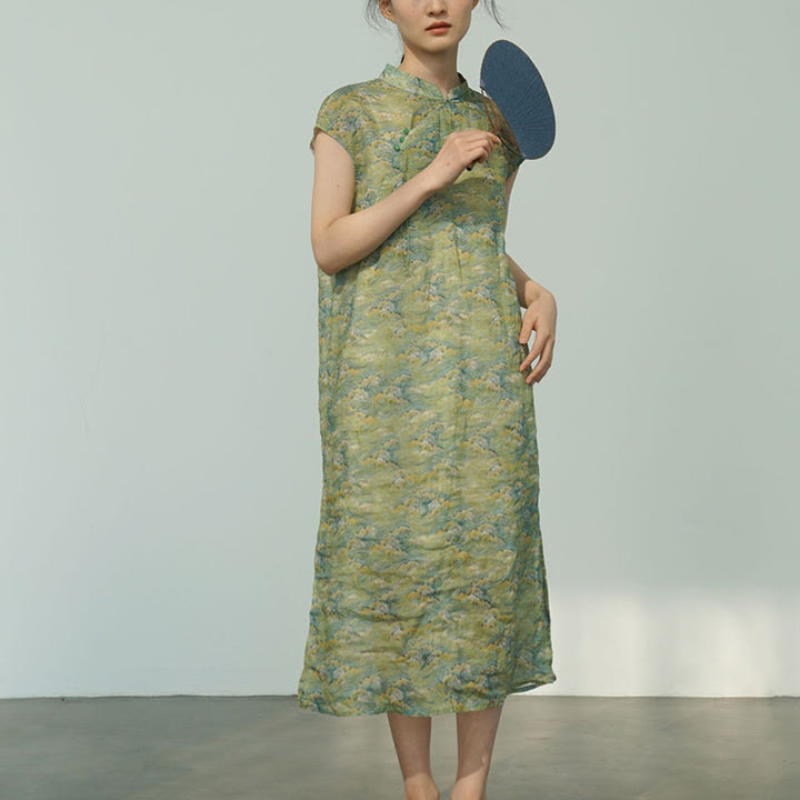 Vestido midi cheongsam con estampado de flores rosas y olas del océano en verde y Buddha Stones Vestido de manga corta