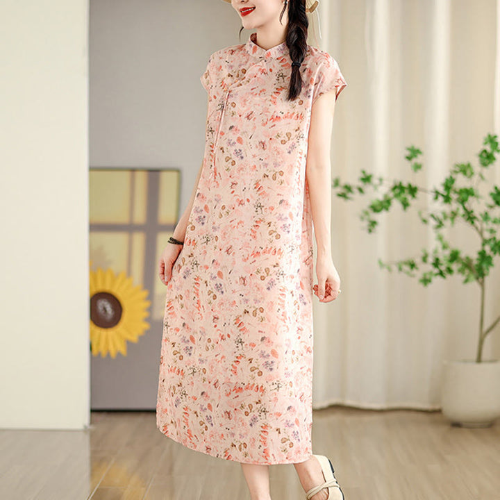 Vestido midi cheongsam con estampado de flores rosas y olas del océano en verde y Buddha Stones Vestido de manga corta