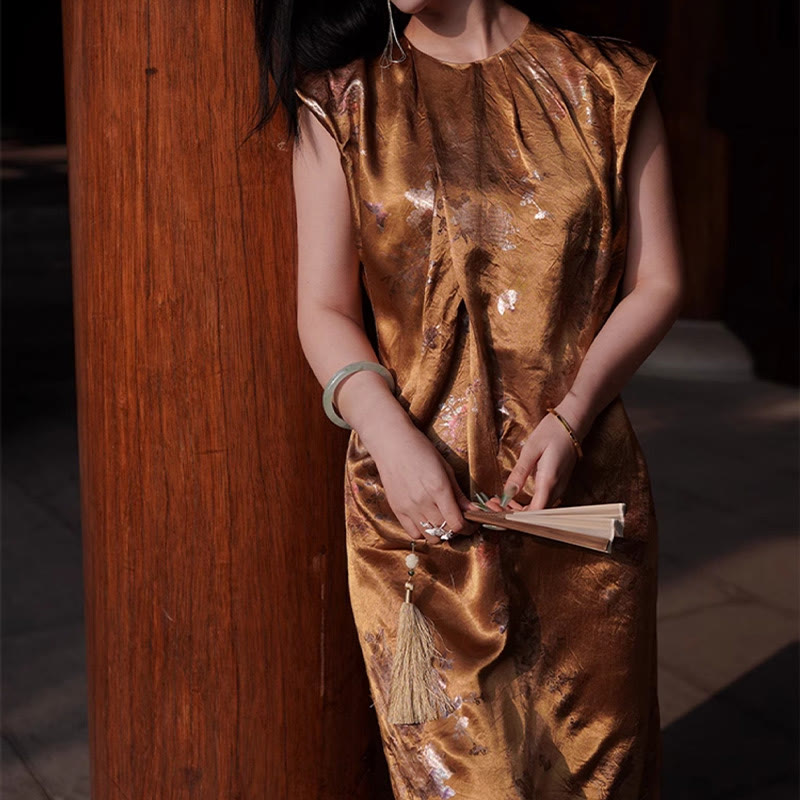 Vestido midi de ácido acético con estampado de flores de rosas doradas de Buddha Stones Vestido sin mangas de acetato