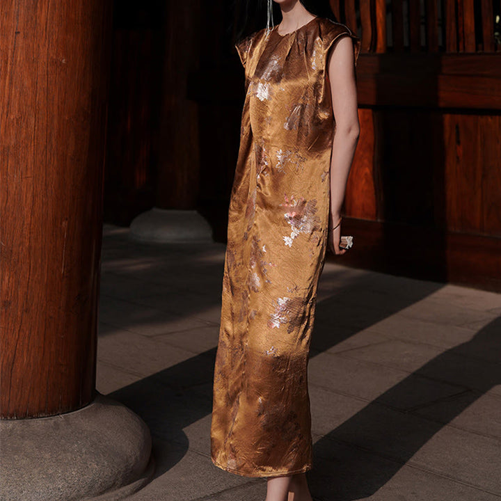 Vestido midi de ácido acético con estampado de flores de rosas doradas de Buddha Stones Vestido sin mangas de acetato