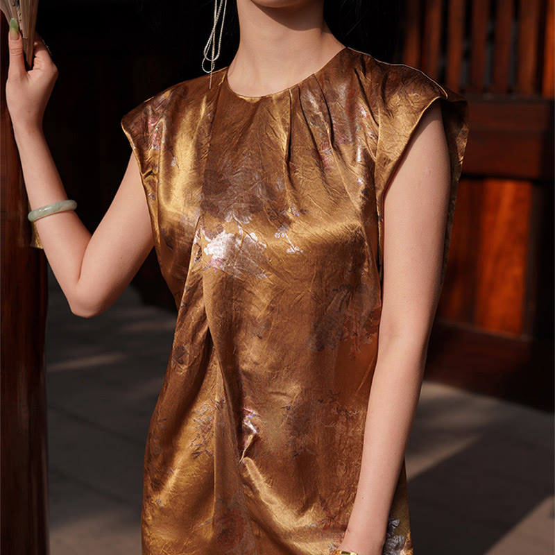 Vestido midi de ácido acético con estampado de flores de rosas doradas de Buddha Stones Vestido sin mangas de acetato