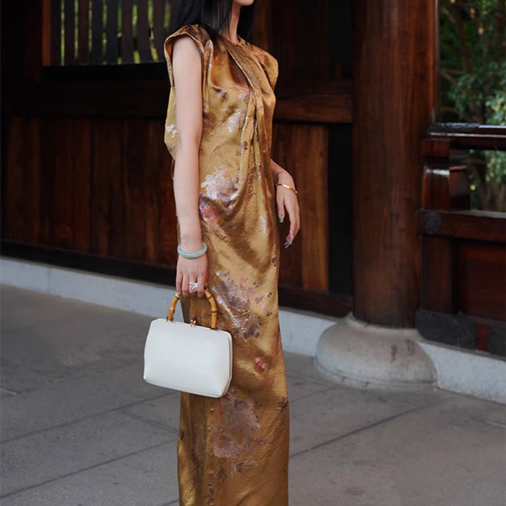 Vestido midi de ácido acético con estampado de flores de rosas doradas de Buddha Stones Vestido sin mangas de acetato