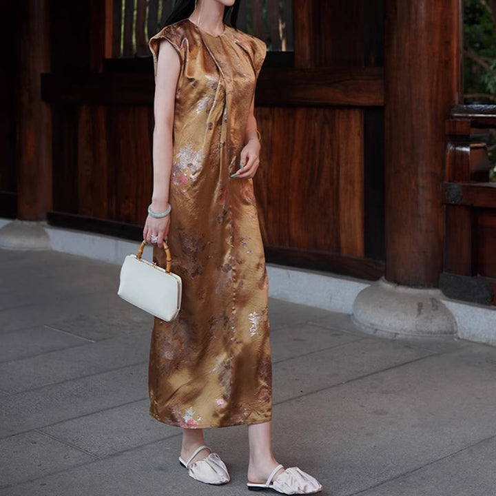 Vestido midi de ácido acético con estampado de flores de rosas doradas de Buddha Stones Vestido sin mangas de acetato