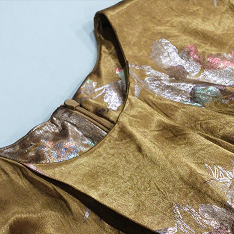 Vestido midi de ácido acético con estampado de flores de rosas doradas de Buddha Stones Vestido sin mangas de acetato