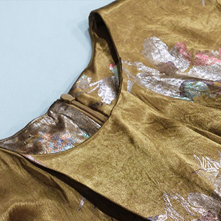 Vestido midi de ácido acético con estampado de flores de rosas doradas de Buddha Stones Vestido sin mangas de acetato