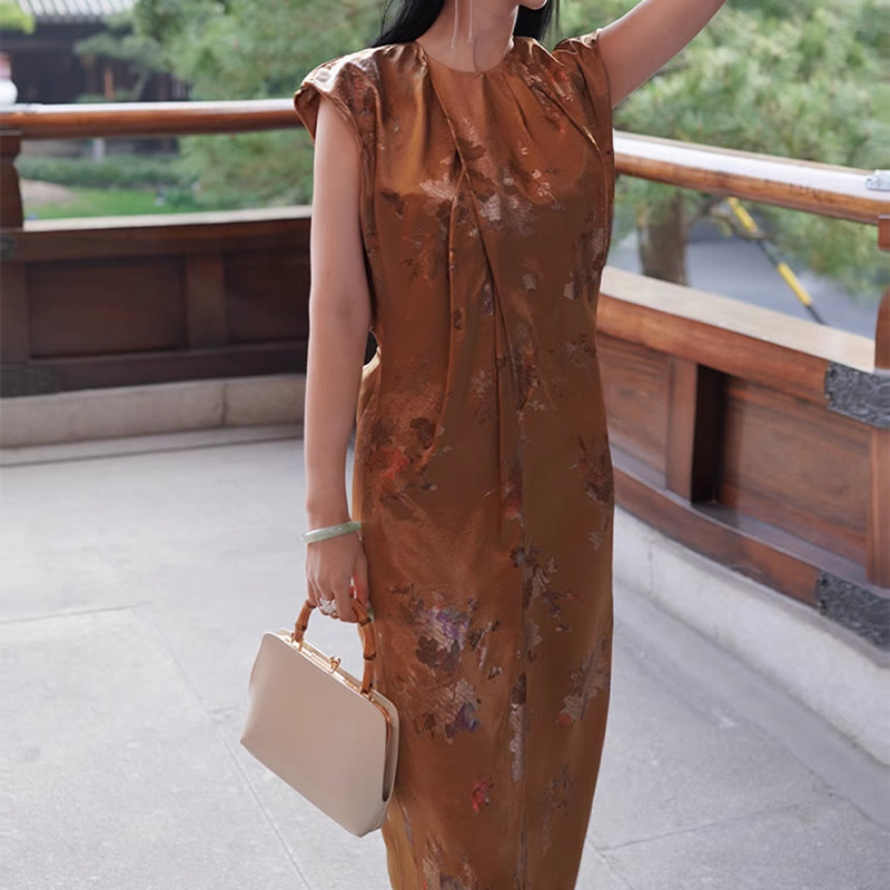 Vestido midi de ácido acético con estampado de flores de rosas doradas de Buddha Stones Vestido sin mangas de acetato