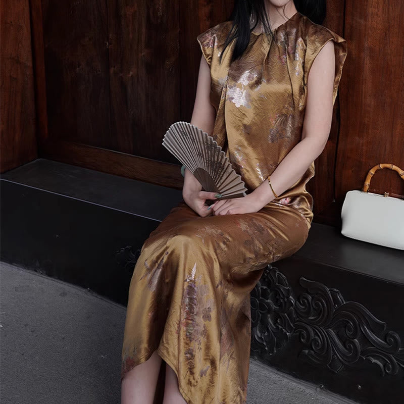 Vestido midi de ácido acético con estampado de flores de rosas doradas de Buddha Stones Vestido sin mangas de acetato