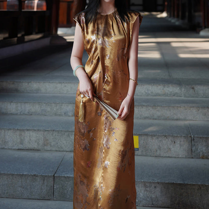 Vestido midi de ácido acético con estampado de flores de rosas doradas de Buddha Stones Vestido sin mangas de acetato