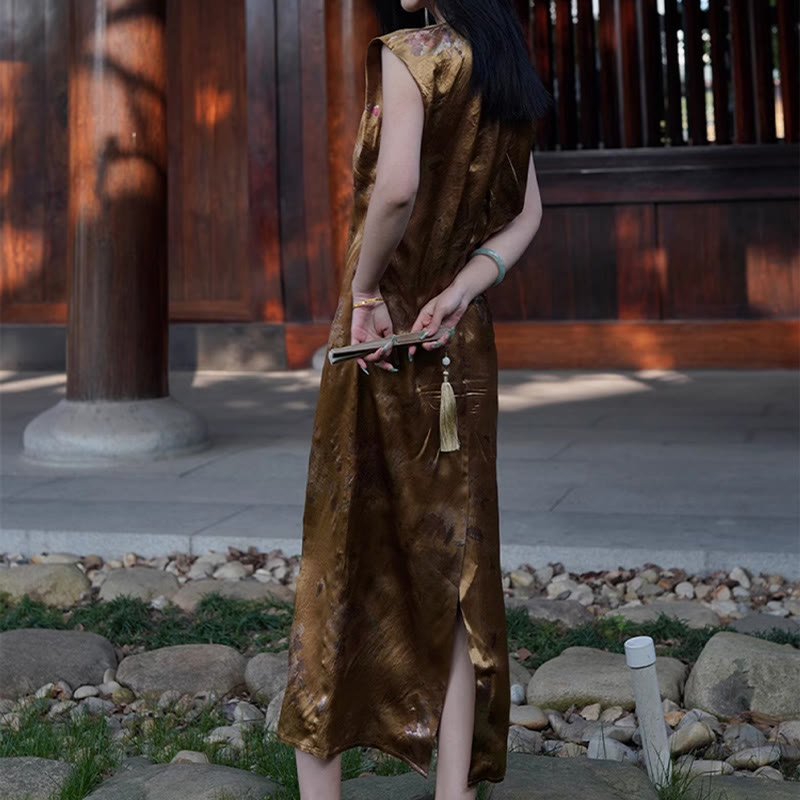 Vestido midi de ácido acético con estampado de flores de rosas doradas de Buddha Stones Vestido sin mangas de acetato