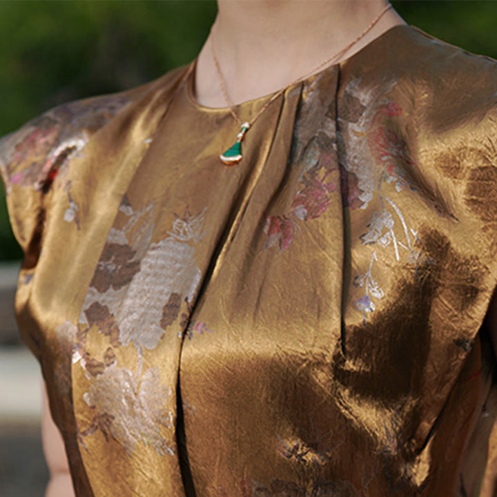 Vestido midi de ácido acético con estampado de flores de rosas doradas de Buddha Stones Vestido sin mangas de acetato