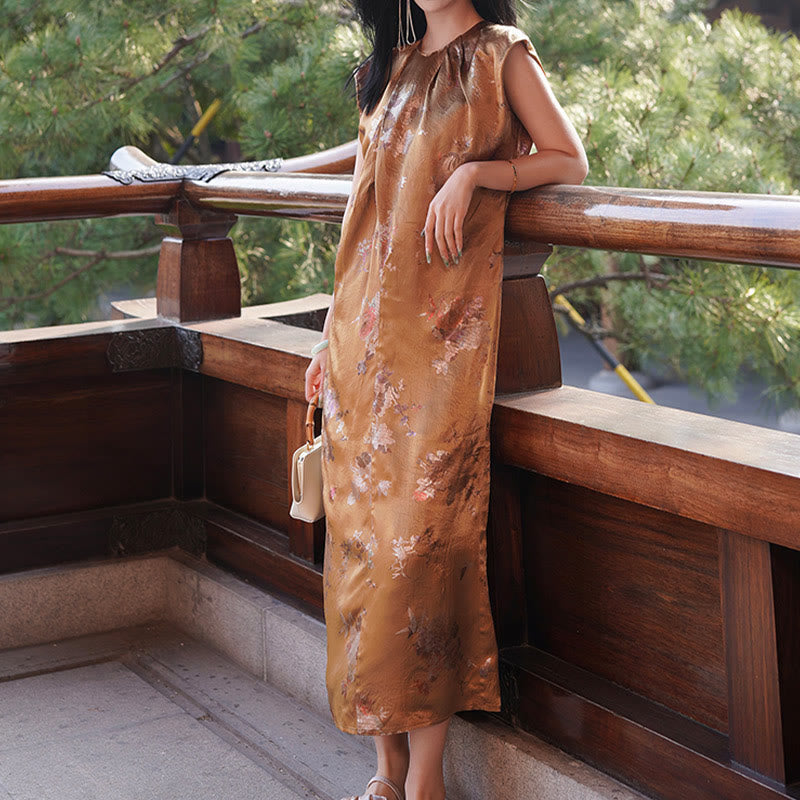 Vestido midi de ácido acético con estampado de flores de rosas doradas de Buddha Stones Vestido sin mangas de acetato