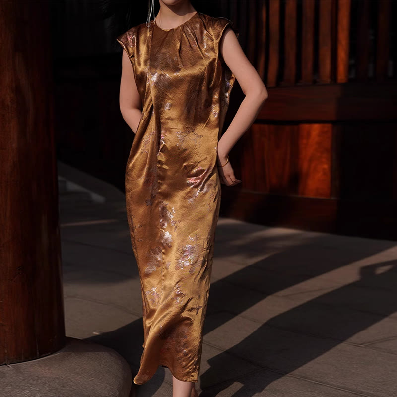 Vestido midi de ácido acético con estampado de flores de rosas doradas de Buddha Stones Vestido sin mangas de acetato