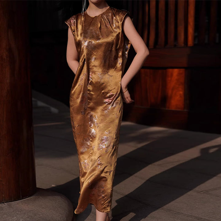 Vestido midi de ácido acético con estampado de flores de rosas doradas de Buddha Stones Vestido sin mangas de acetato